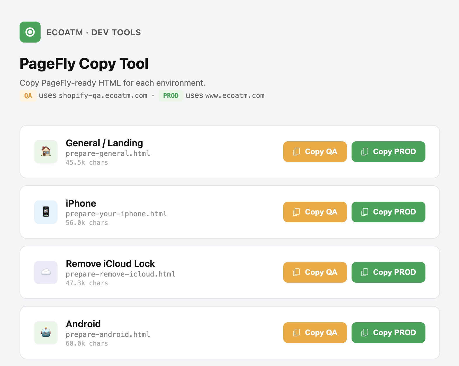 PageFly Copy Tool showing QA and PROD copy buttons for each page