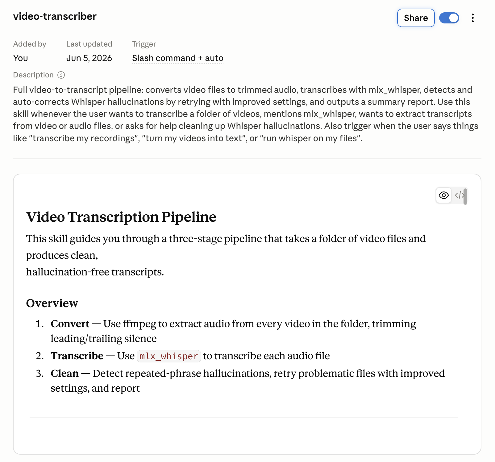 video-transcriber Claude Skill showing the three-stage transcription pipeline