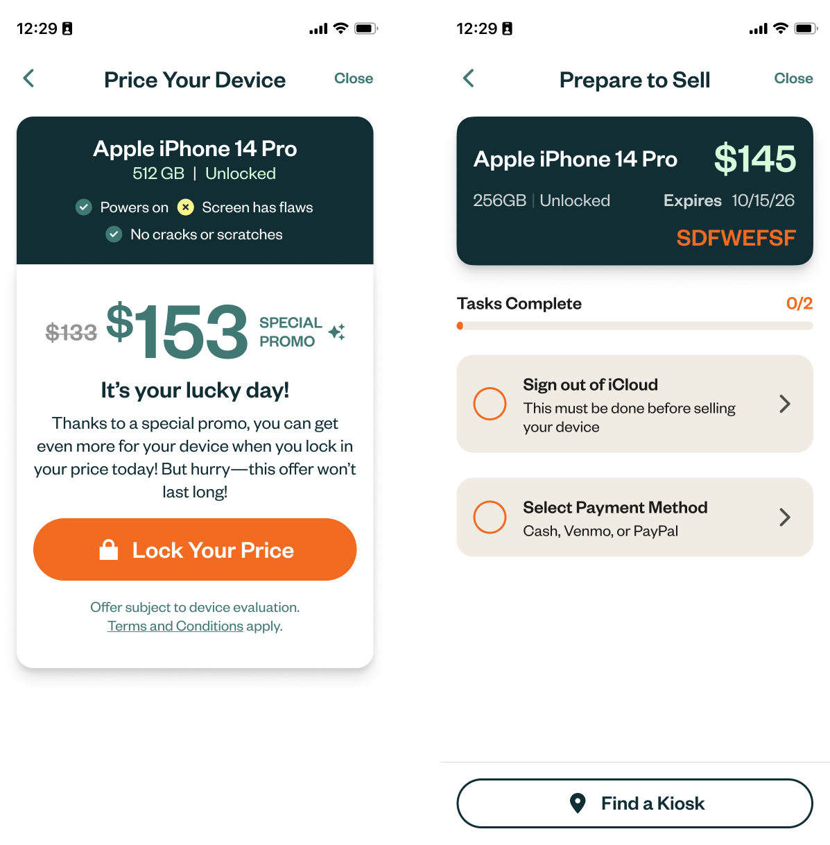 Price Your Device offer screen, followed by a Prepare to Sell task list screen
