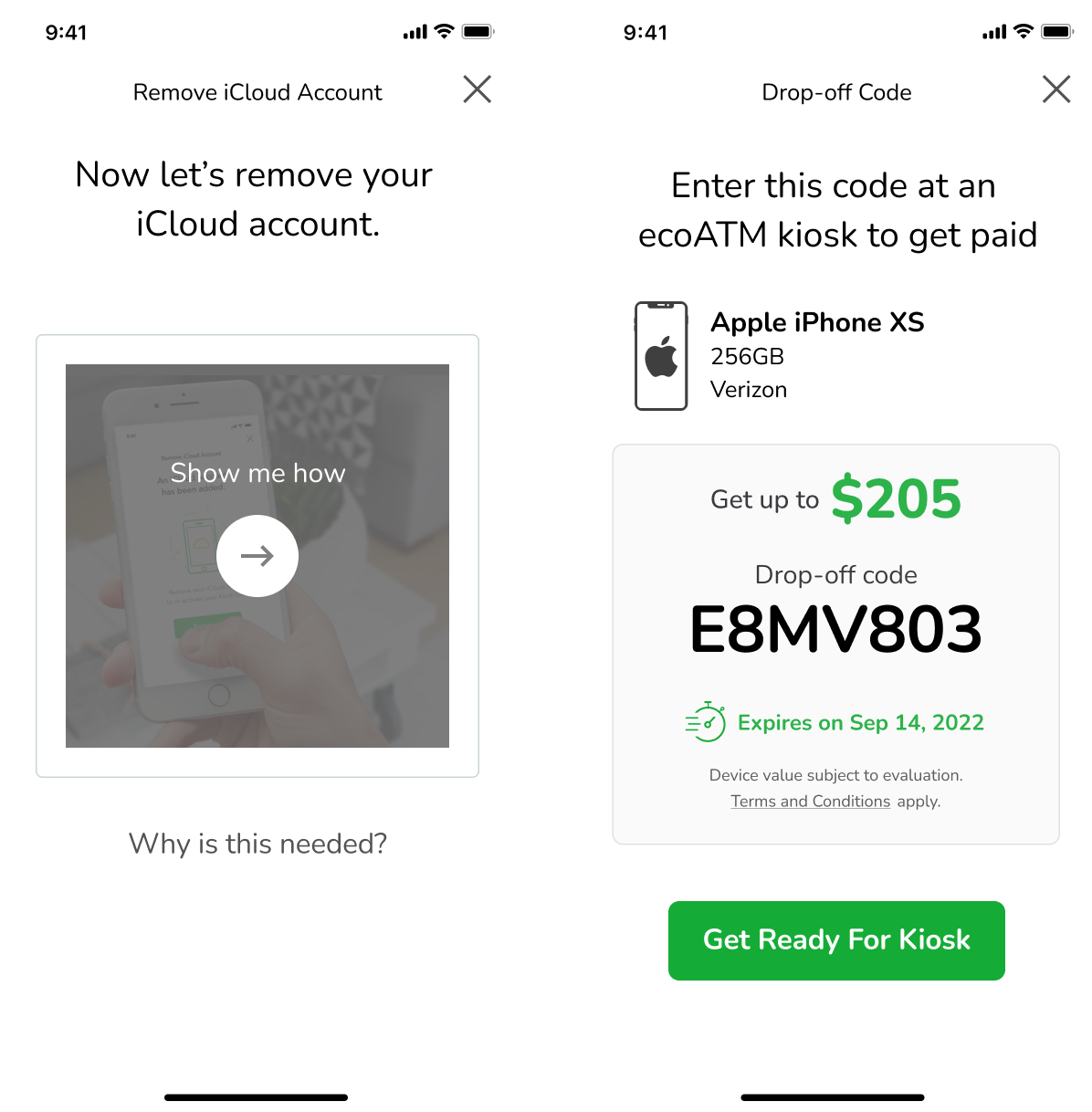 Remove iCloud Account screen, followed by a Drop-off Code screen